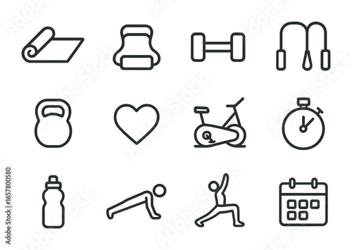 Home Workout Icons. Outline icon set of home workout plans: yoga mat, resistance band, dumbbell, jump rope,