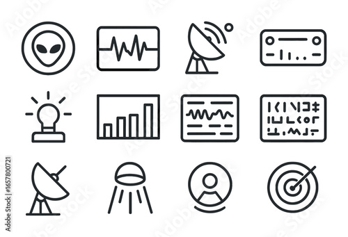 Extraterrestrial Signal Icons. Outline icon set of extraterrestrial signal detection: alien signal icon,