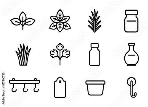 Kitchen Herb Icons. Outline icon set of kitchen herb wall: basil, mint, rosemary, thyme, chives, parsley, herb