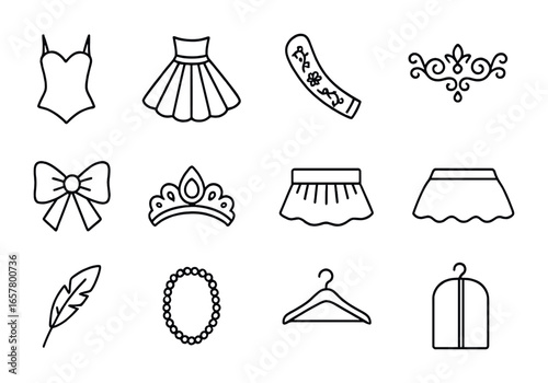 Ballet Costume Icon Set. Outline icon set of ballet costume details: bodice, tulle skirt, lace sleeve,