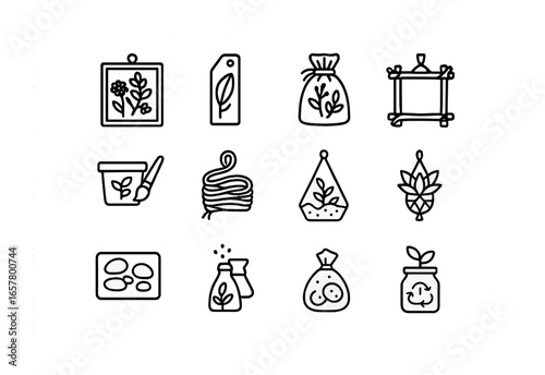 Eco-Craft Icon Set. Outline icon set of DIY eco-crafts with plants: pressed flower frame, leaf bookmark, herb