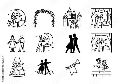 Romantic Ballet Icons. Outline icon set of romantic ballet scenes: moonlit backdrop, flower garland, castle