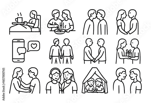 Daily Affection Icons. Outline icon set of daily affection: morning coffee in bed, cooking breakfast, goodbye