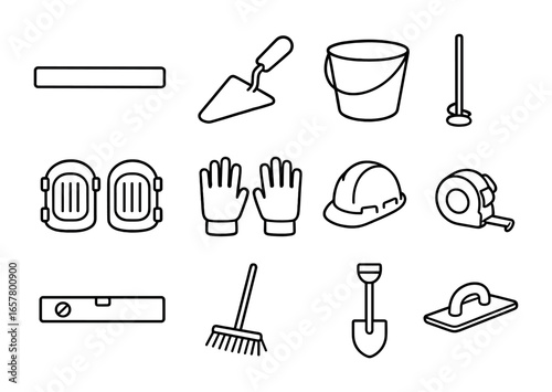 Floor Screeding Tools Icons. Outline icon set of floor screeding tools: screed board, trowel, bucket, mixing