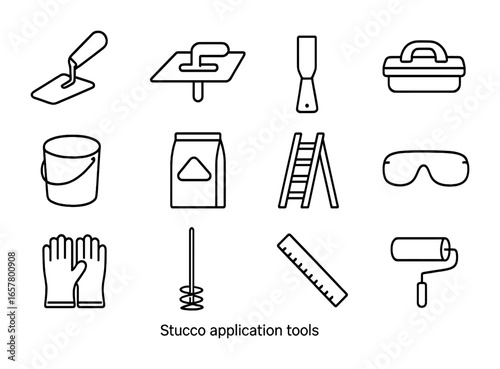 Stucco Tool Icons. Outline icon set of stucco application tools: plastering trowel, hawk, putty knife, sponge