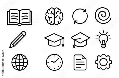 Continuous Learning Icons. Outline icon set of continuous learning: open book, brain, arrow circle, spiral,