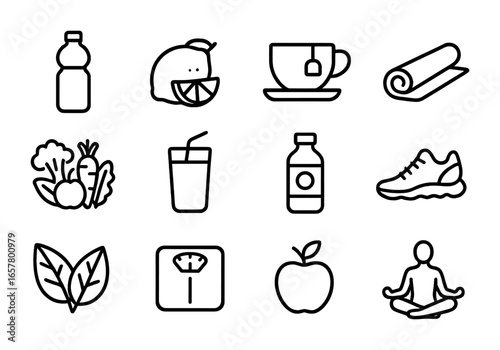 Detox Routine Icons. Outline icon set of detox routines: water bottle, lemon, green tea cup, yoga mat, fresh