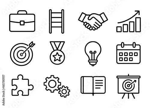 Career Development Icons. Outline icon set of career development vision: briefcase, ladder, handshake, bar