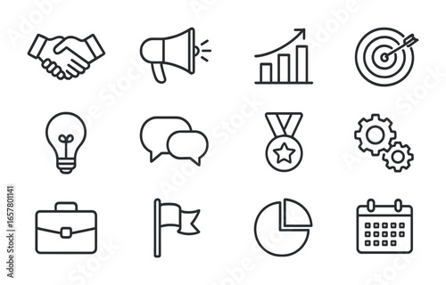 Leadership Habits Icons. Outline icon set of leadership habits: handshake, megaphone, bar chart, target icon,