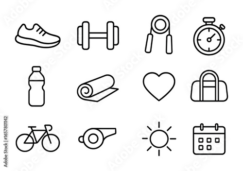 Morning Exercise Icons. Outline icon set of morning exercise habits: running shoes, dumbbell, jump rope,