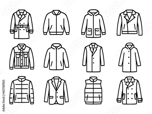 Men's Outerwear Icons. Outline icon set of men’s outerwear: trench coat, bomber jacket, parka, leather jacket,
