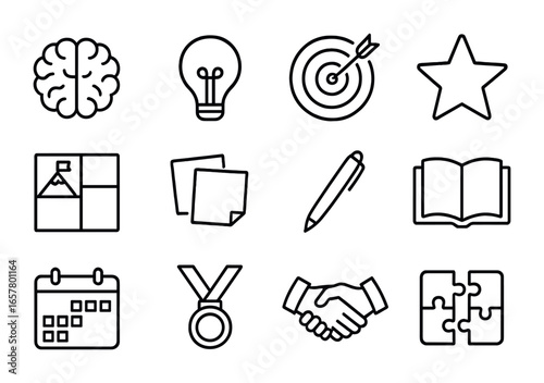 Growth Mindset Icons. Outline icon set of growth mindset planning: brain icon, light bulb, target icon, star,
