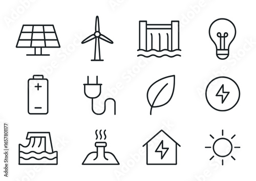 Clean Energy Icons. Outline icon set of clean energy education: solar panel, wind turbine, hydro dam, light
