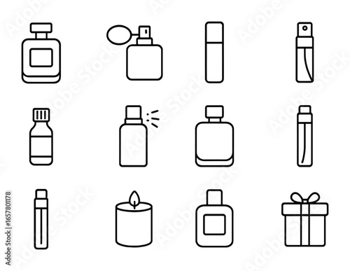 Men's Fragrance Icons. Outline icon set of fragrance collection for men: cologne bottle, perfume atomizer,