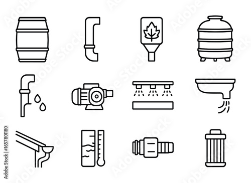 Rainwater Harvesting Icons. Outline icon set of rainwater harvesting: rain barrel, downspout, leaf filter,
