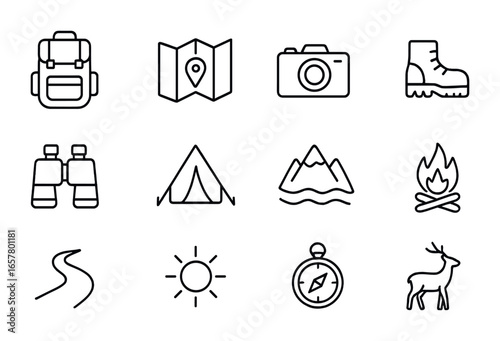 Eco-Tourism Icon Set. Outline icon set of eco-tourism lessons: backpack, map, camera, hiking boots, binoculars