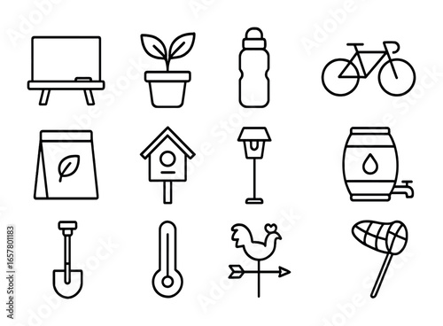 School Eco Icons. Outline icon set of school eco programs: chalkboard, plant pot, reusable bottle, bicycle,