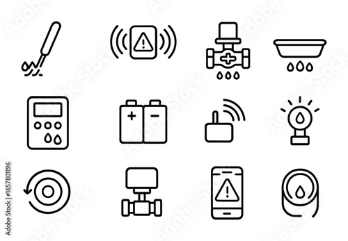 Leak Detection Icon Set. Outline icon set of leak detection systems: sensor probe, alarm unit, shut-off