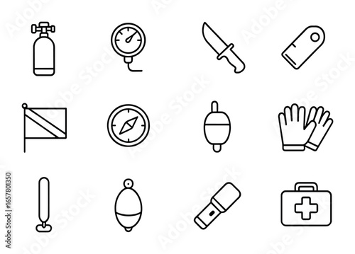 Dive Safety Gear Icons. Outline icon set of dive safety equipment: oxygen cylinder, pressure gauge, dive knife