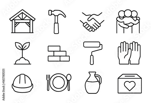 Community Rebuilding Icons. Outline icon set of community rebuilding spirit: house frame, hammer, handshake,
