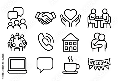 Peer Support Icons. Outline icon set of peer support networks: group chat, handshake, heart in hands, shared