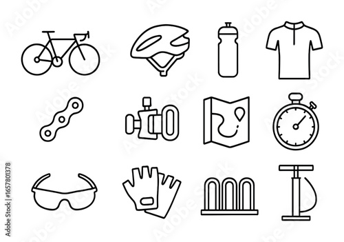 Cycling Essentials Icons. Outline icon set of cycling sport: road bike, helmet, water bottle, cycling jersey,