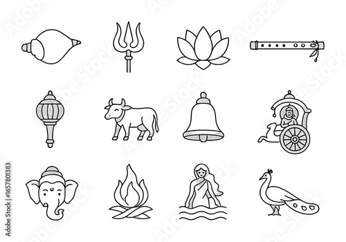 Hindu Mythology Icon Set. Outline icon set of Hindu mythology epics: Vishnu conch, Shiva trident, lotus flower