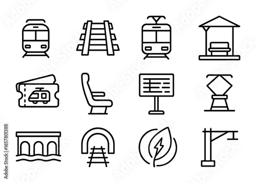 Sustainable Transport Icons. Outline icon set of rail-based sustainable transport: electric train, rail track,