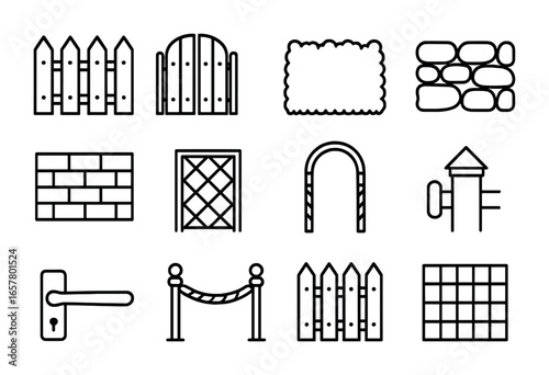 Fencing Icon Set. Outline icon set of fencing and borders: wooden fence, gate, hedge, stone wall, brick wall,