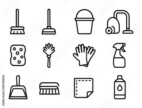 Cleaning Icons Set. Outline icon set of home cleaning improvements: broom, mop, bucket, vacuum cleaner, sponge
