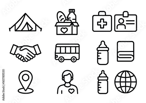 Refugee Support Icons. Outline icon set of refugee assistance: tent, food box, water bottle, ID card,