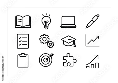 Workplace Skills Icons. Outline icon set of workplace skill development: open book, lightbulb, laptop, pen,