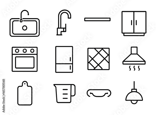 Kitchen Icon Set. Outline icon set of kitchen remodeling: sink, faucet, countertop, cabinet, oven, fridge,
