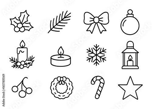 Christmas Icon Collection. Outline icon set of Christmas candle arrangement: holly, pine branch, red ribbon,