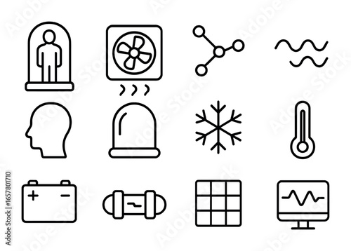 Futuristic Cryo Icons Set. Outline icon set of futuristic medical freezing: transparent cryo capsule, cooling