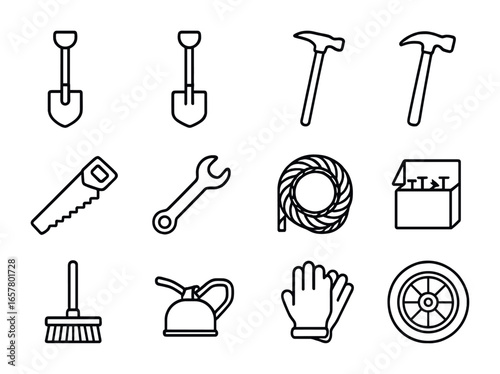 Barnyard Tool Icons. Outline icon set of barnyard maintenance tools: shovel, spade, hoe, hammer, saw, wrench,