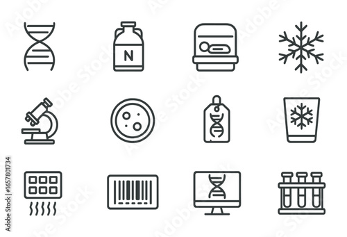 Genetic Preservation Icons. Outline icon set of genetic preservation: DNA double helix, nitrogen vial,
