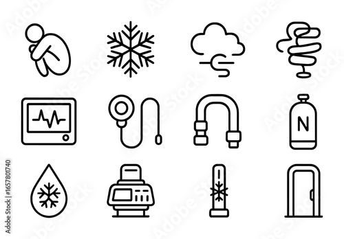 Hibernation Icon Set. Outline icon set of cold-induced hibernation: curled human figure, snowflake pattern,