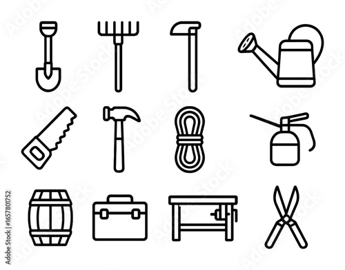 Farm Tools Icons. Outline icon set of farm tool storage: spade, rake, hoe, watering can, hand saw, hammer,