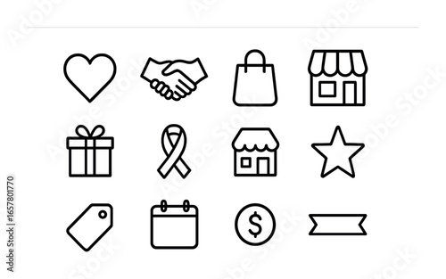 Charity Event Icon Set. Outline icon set of charity event flyer: heart, handshake, shopping bag, gift box,
