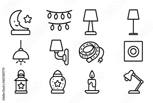 Children's Room Lighting Icons. Outline icon set of children’s room lighting: night light, fairy lights, table