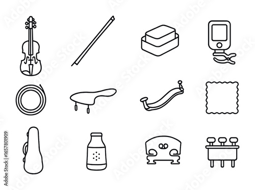 Violin Care Icon Set. Outline icon set of violin care and accessories: violin, bow, rosin, tuner, strings,