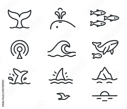 Whale Navigation Icons. Outline icon set of whale pod navigation: tail fluke, blowhole, sonar wave, fish