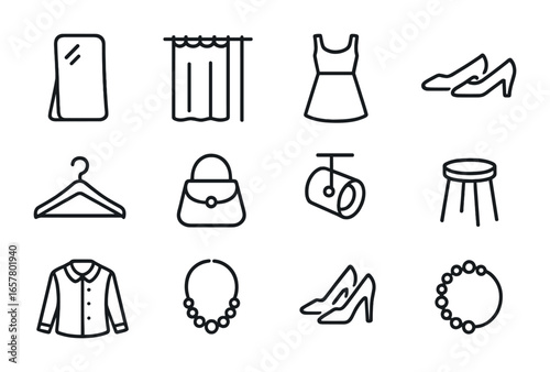 Boutique Essentials Icons. Outline icon set of boutique changing room essentials: mirror, curtain, dress,