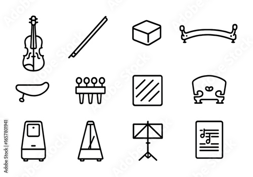 Violin Icon Set. Outline icon set of violin performance accessories: violin, bow, rosin, shoulder rest, chin