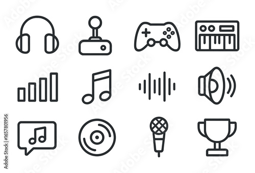 Game Music Icons Set. Outline icon set of multiplayer game music: headphones, joystick, controller,