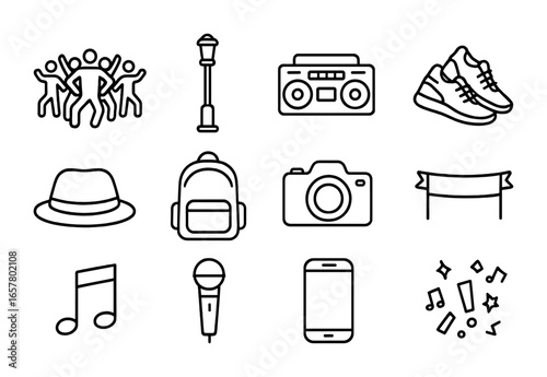 Flash Mob Dance Icons. Outline icon set of flash mob dance: crowd of dancers, streetlight, boombox, sneakers,