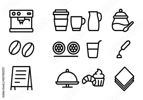 Coffee Cart Icons. Outline icon set of stylish coffee cart: coffee machine, coffee cups, milk jug, sugar bowl,