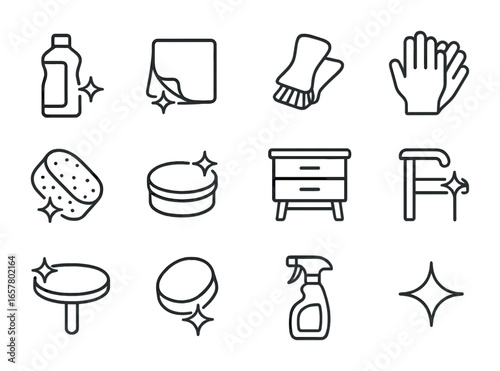 Furniture Care Icons. Outline icon set of furniture shine and maintenance: polish bottle, cloth, brush, gloves