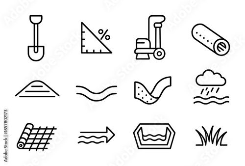 Landscape Grading Icons. Outline icon set of landscape grading and drainage: grading shovel, slope ruler, soil